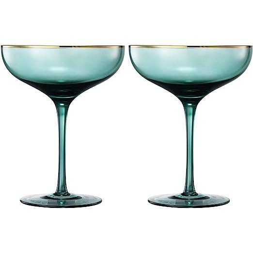 The Wine Savant / Khen Glassware - Venta al por mayor Copas de vino - Copa de vino con borde verde y dorado, grande, 9 onzas (cupé)