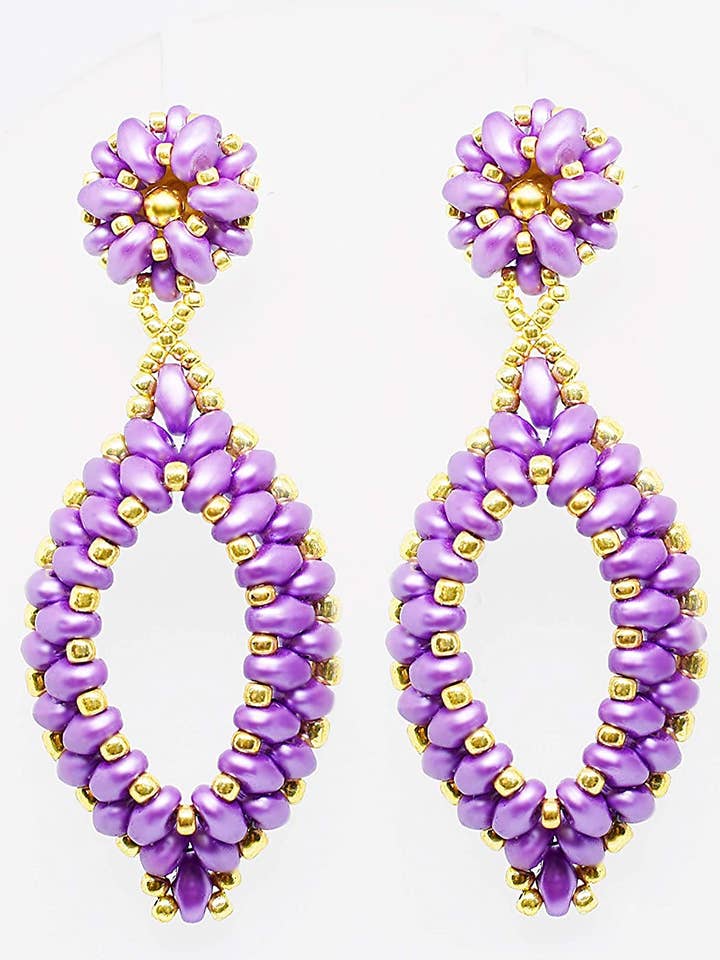 Lilac and Gold Two-Layer Oval Hoop Drop Earrings for wholesale by Chic Brico