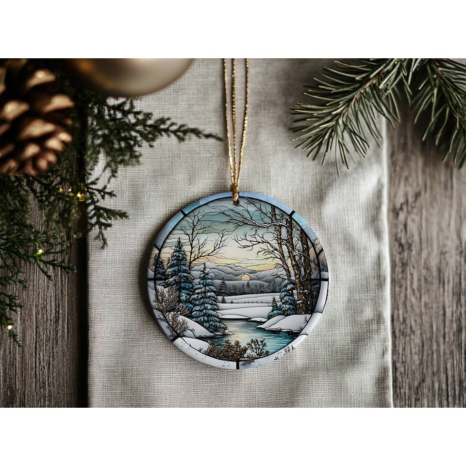Fernville Creations - Wholesale Ornament - Winter Scene Ceramic Ornament with Stained Glass Image