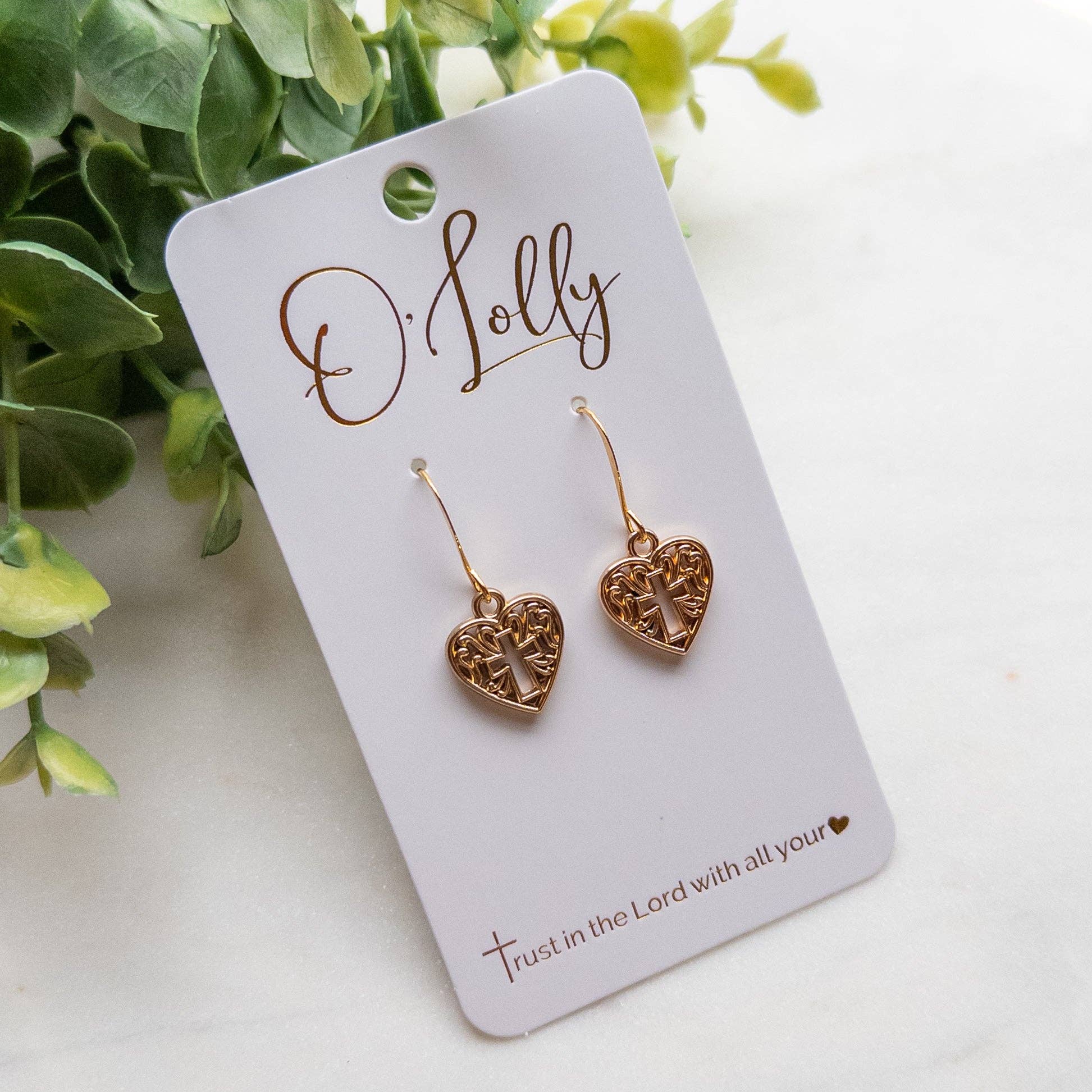 O’Lolly Jewelry - Wholesale Dangle Earrings - Gold Heart Mini Earrings w/Hallow Cross1