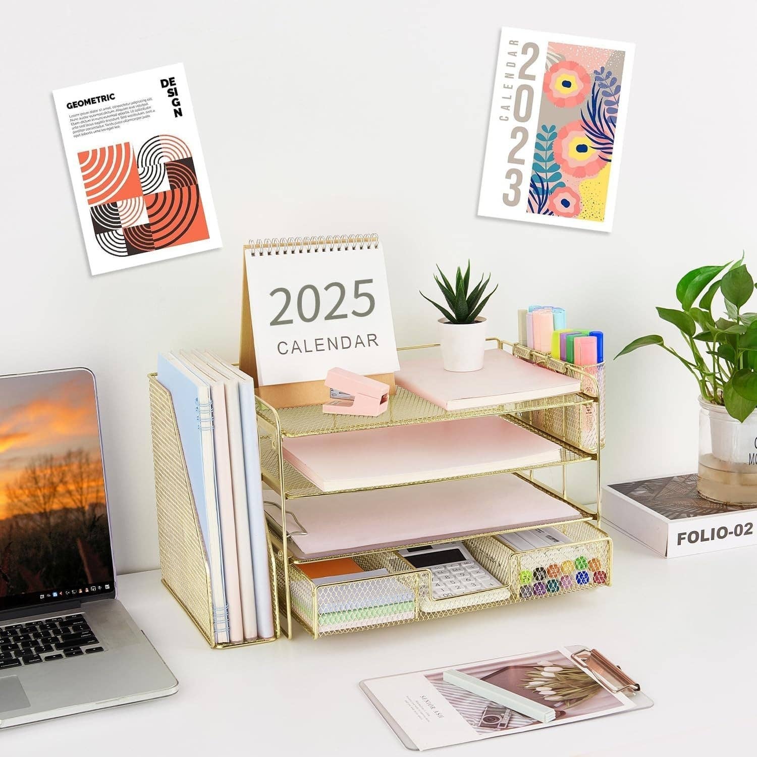 Gold 4 Tier Paper Tray Organizer With Drawer For Office Use for wholesale on Faire6