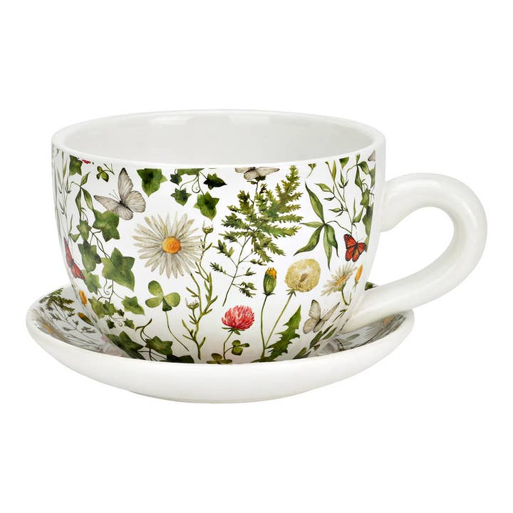 Plant cup flower decor made of ceramic, green/white (W/H/D) 20x12x15cm for wholesale by Wurm