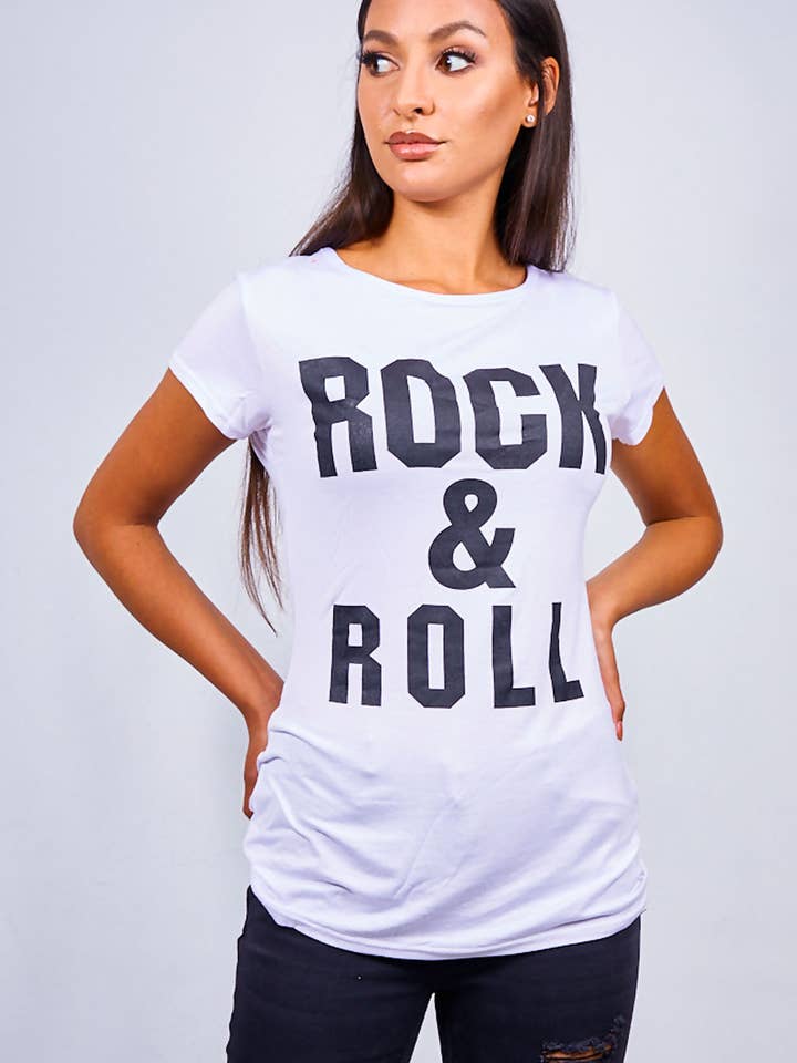 J5FASHION – Engroshandel T-shirt med print - Dame – Rock & Roll t-shirt til kvinder1