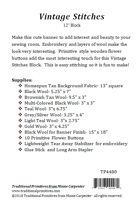 Traditional Primitives - Wholesale Craft Sewing Kit - Vintage Stitches -12" Wool Applique Pattern w/ Button Pack1