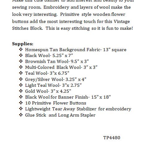 Traditional Primitives - Wholesale Craft Sewing Kit - Vintage Stitches -12" Wool Applique Pattern w/ Button Pack1