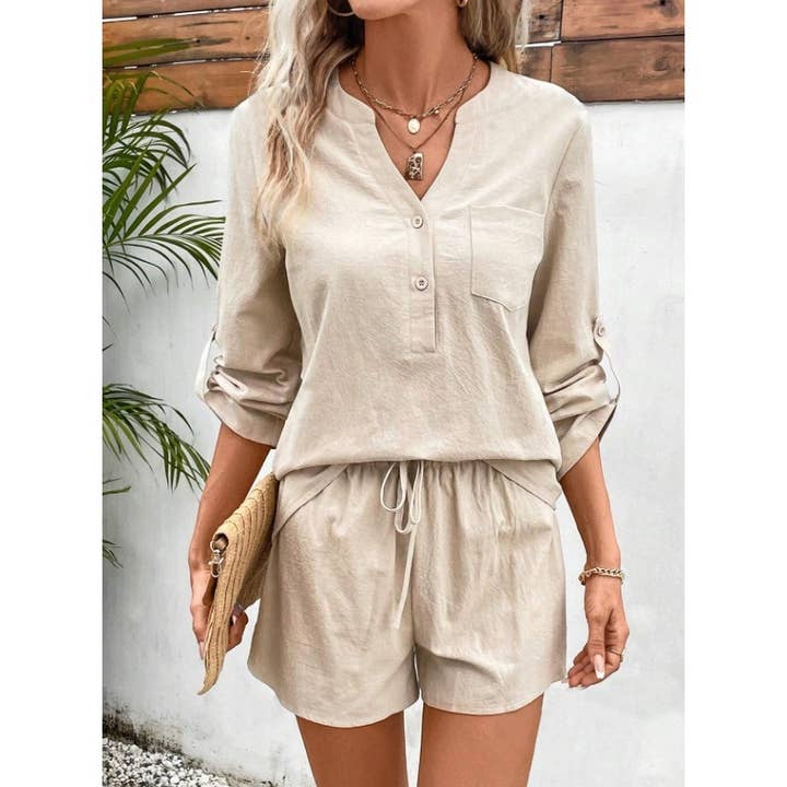 BUTTON HALF WAY DOWN TOP AND SHORTS SET for wholesale by Mapcie