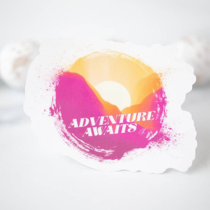 Savannah and James Co - Wholesale Sticker - Adventure Awaits, Sunset Clear Vinyl Sticker, 3in.4