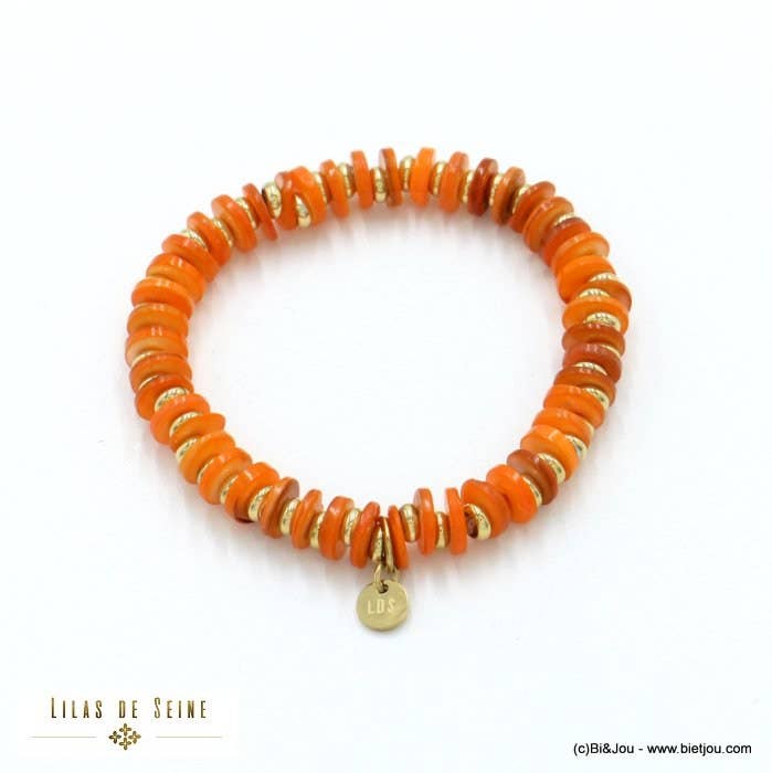 Lilas de Seine – Engroshandel Perlearmbånd – Elastisk beach surfer-armbånd med farvede naturlige perlemorringe og rustfrit stål 02221331