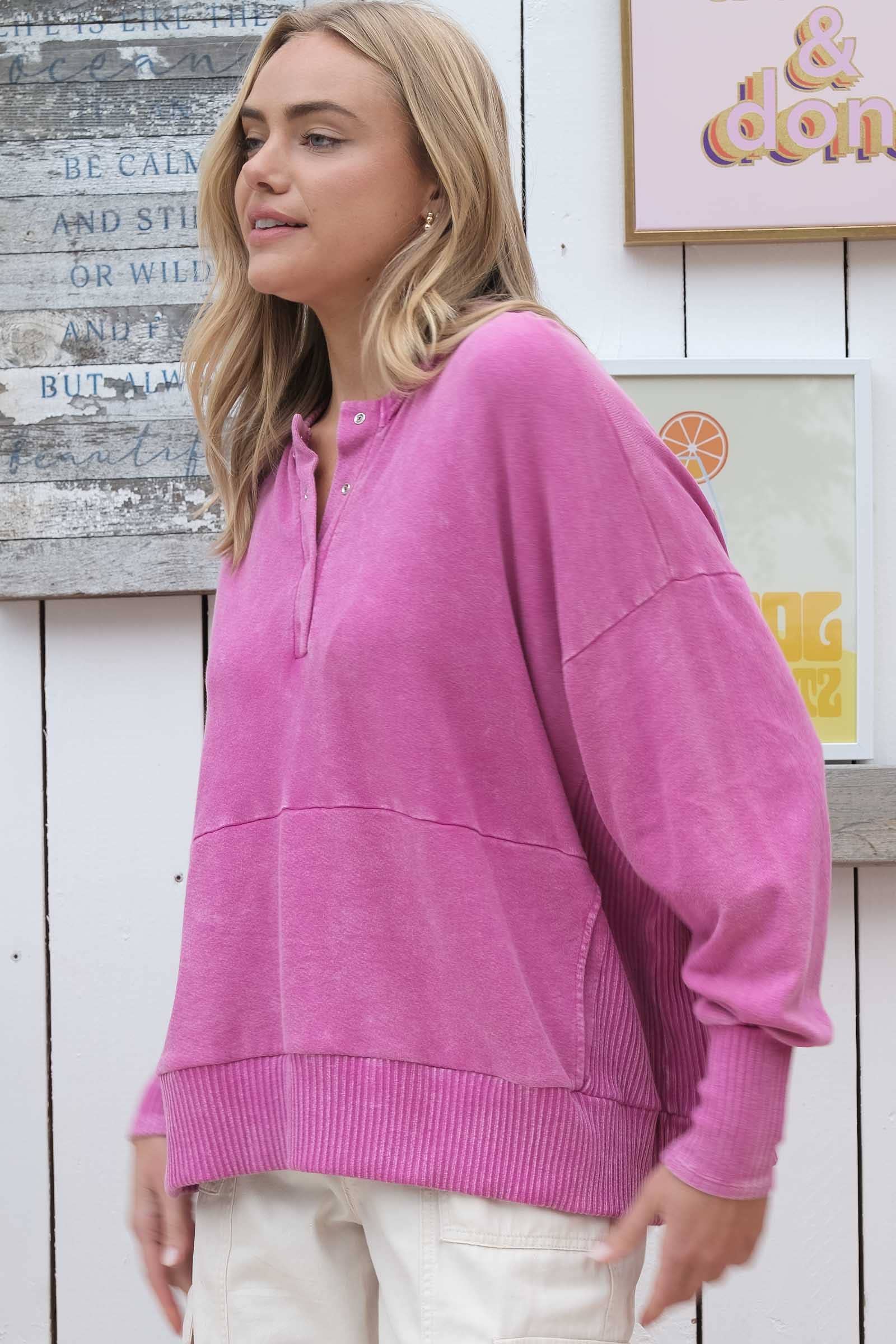 Magenta Plus Garment-dyed oversized top with a front pocket-PLT9681 for wholesale on Faire4