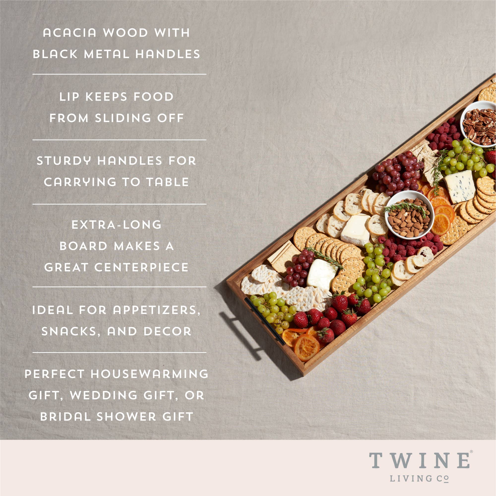Twine - Wholesale Serving Tray - The Longboard 36 inch Acacia Cheese Platter w Metal Handles4