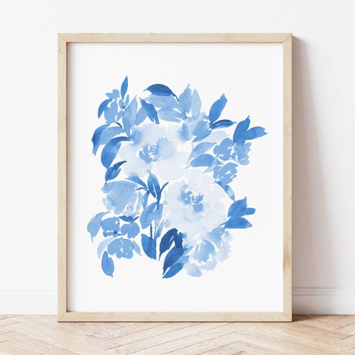 Stampa artistica da parete con bouquet floreale monocromatico blu ceruleo per la vendita all'ingrosso da parte di Pia Chella