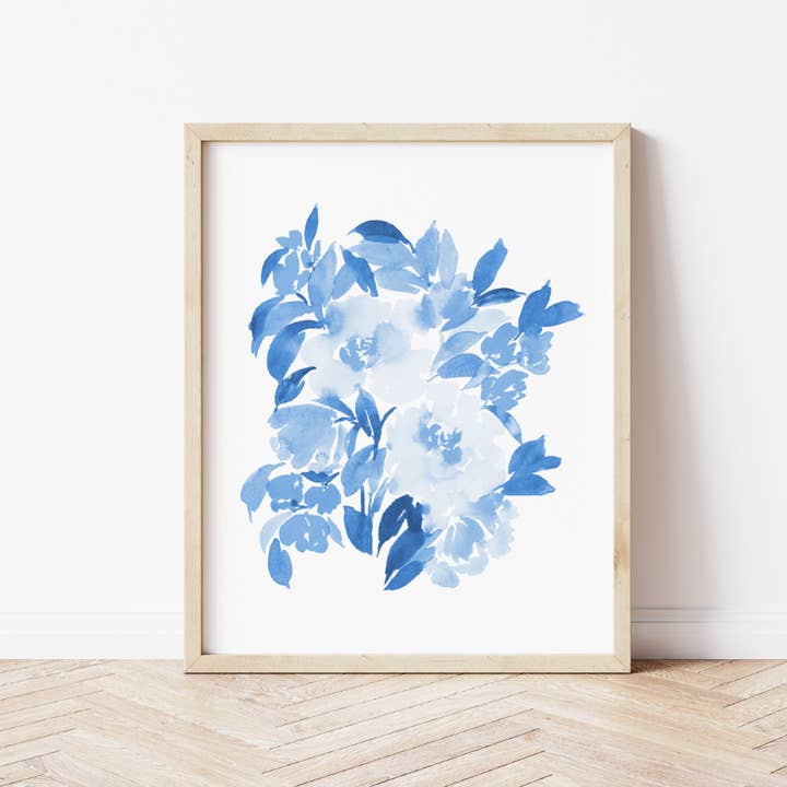 Cerulean Blue Monochrome Floral Bouquet Wall Art Print for wholesale by Pia Chella