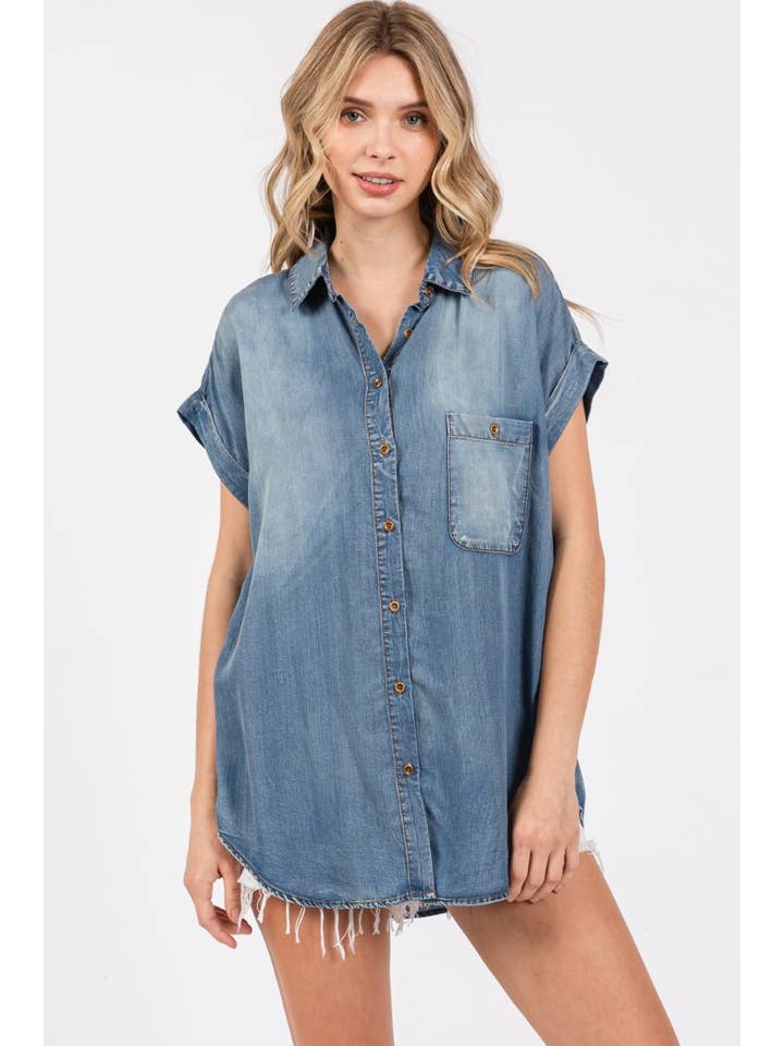 ZiA Apparel - Wholesale Button Down Shirt - Women's - Washed Roll Up Short Sleeve Shirt 8