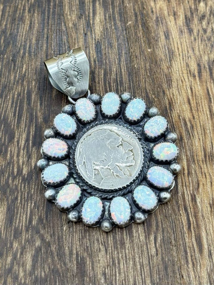 Navajo Handmade Sterling Silver White Fire Opal Cluster Buffalo Coin Pendant for wholesale by Native City Jewelry