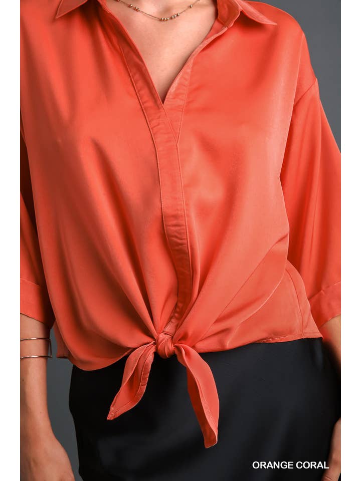 Vanilla Monkey - Wholesale Blouse - Women's - Satin Collared Button Down Front Tie Top