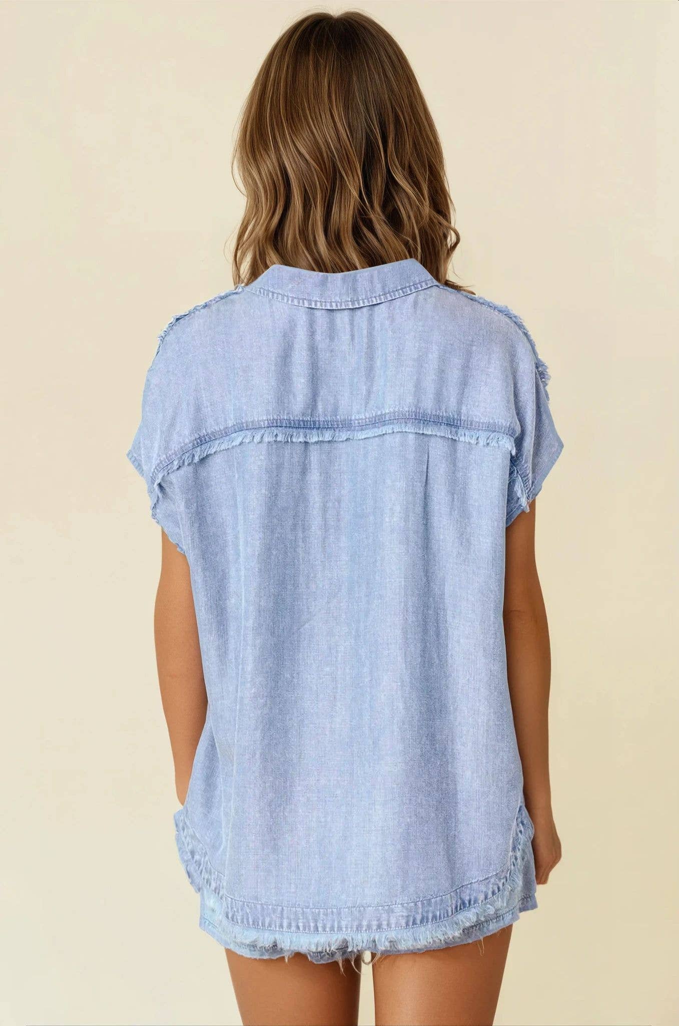 TENCEL DENIM FRAY DETAILED DOLMAN SHORT SLEEVE TOP - 44204T for wholesale on Faire3