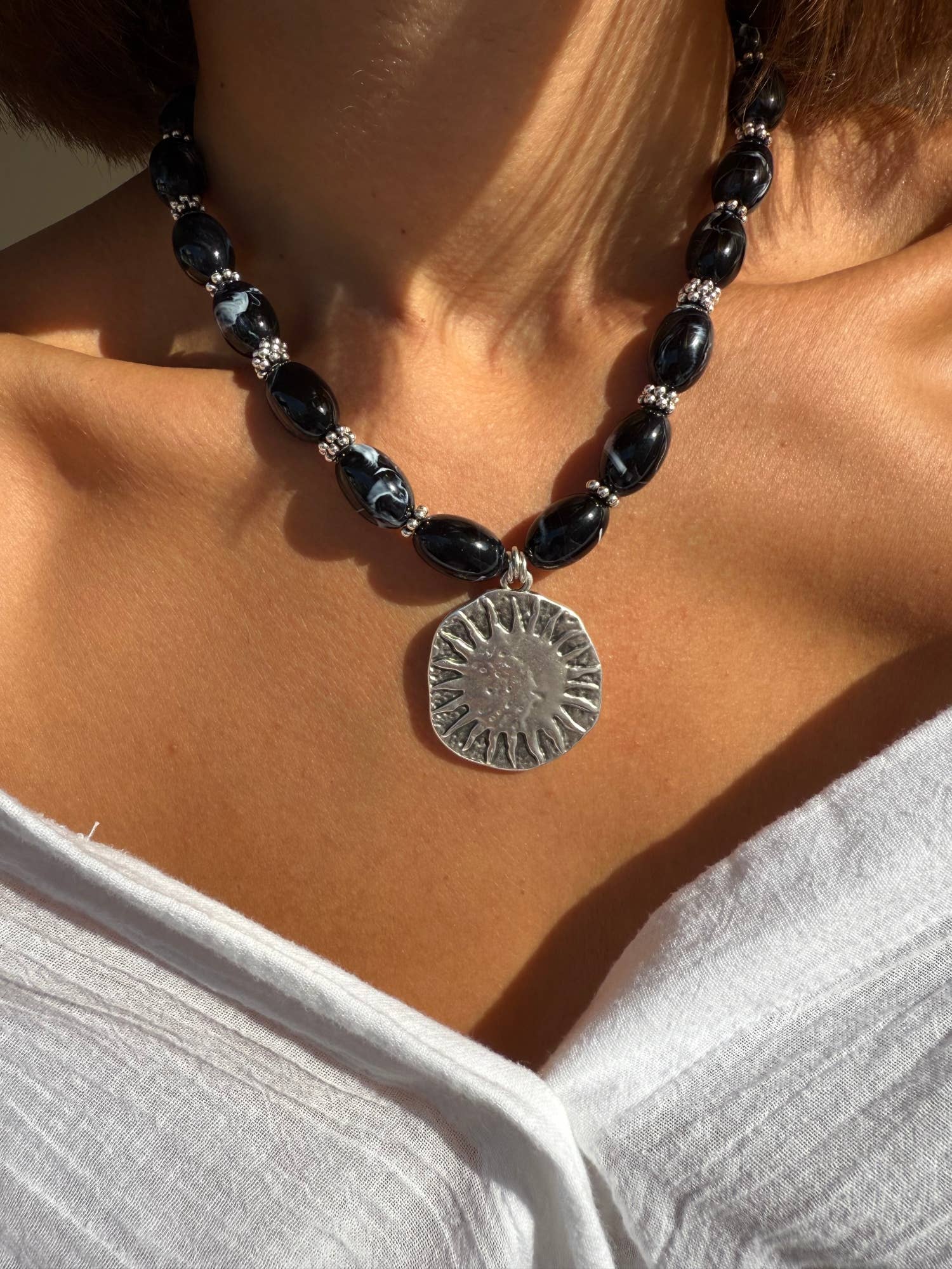 Christina Christi - Wholesale Pendant/Charm Necklace - Handmade Black Beaded Necklace with Silver Sun Pendant