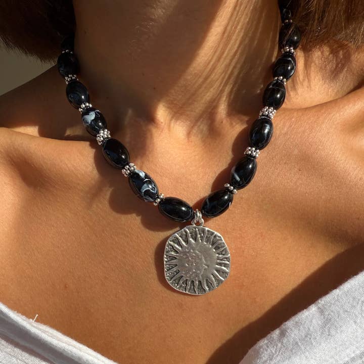 Christina Christi - Wholesale Pendant/Charm Necklace - Handmade Black Beaded Necklace with Silver Sun Pendant0