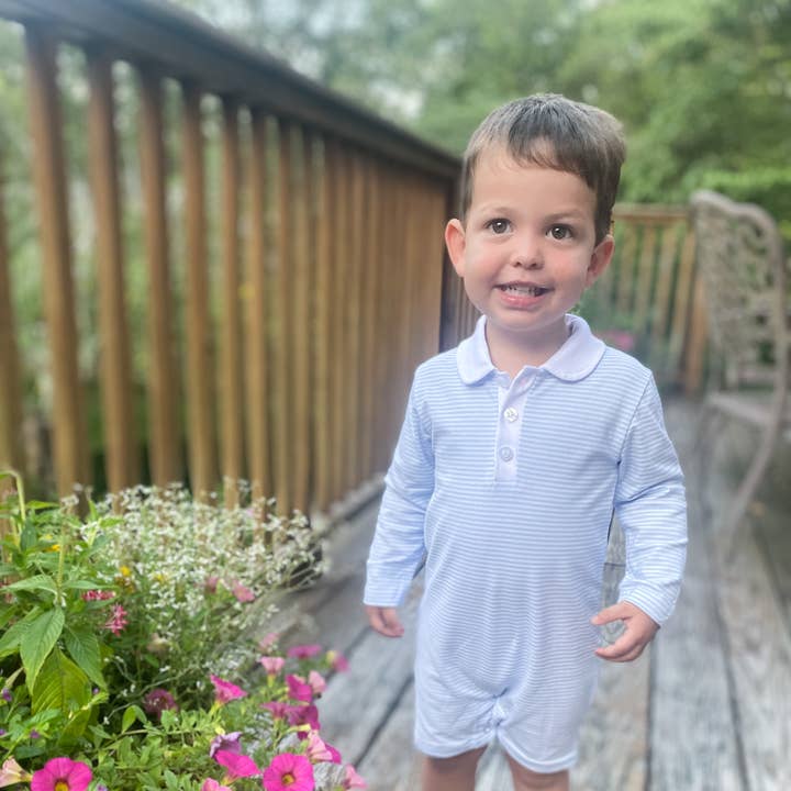 Blue & White Stripe Long Sleeve Polo Romper for wholesale by Huckleberry Hill Kids