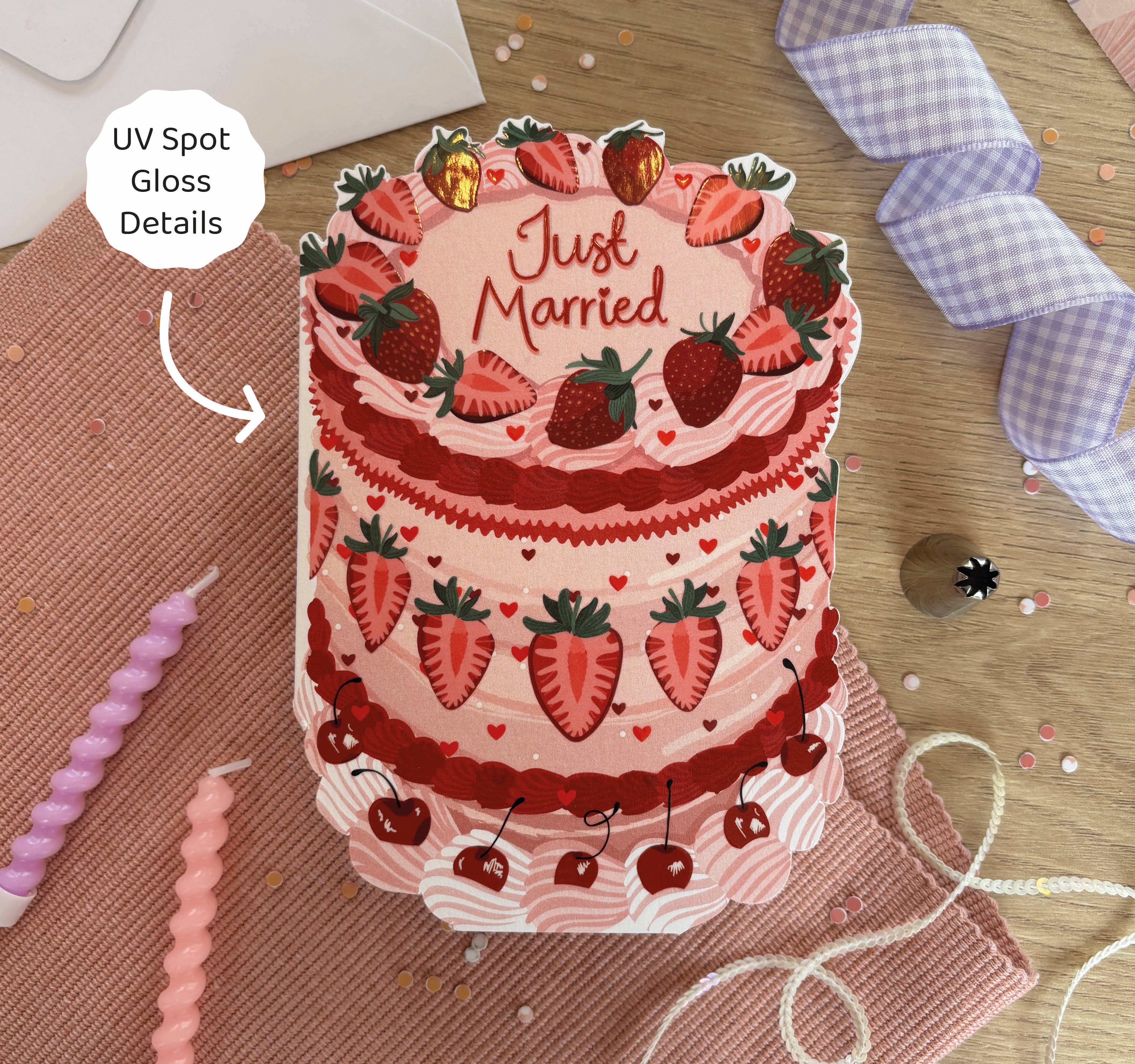 Two For Joy Illustration - Wholesale Wedding Card - Just Married - Strawberry Wedding Cake Shaped Greeting Card1