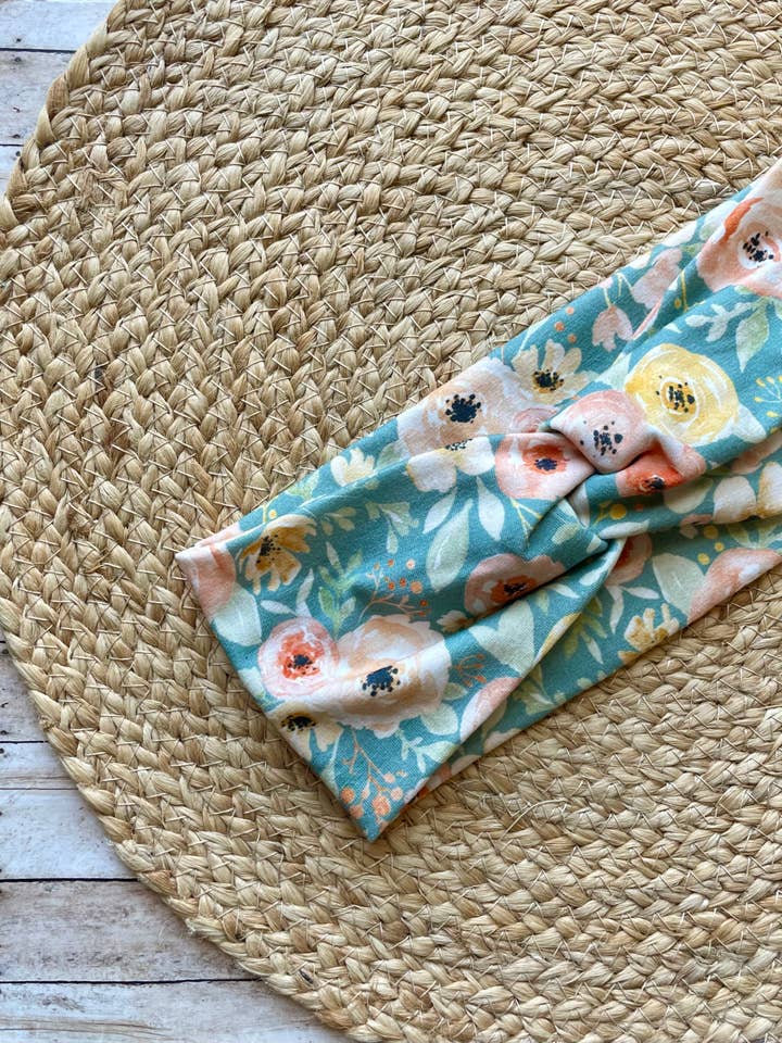 Blooming Gardens Teal Knit Twist Headband for wholesale by Designs by Rachel Joy