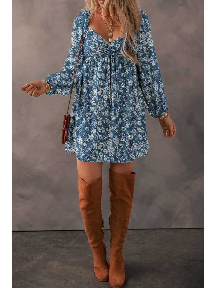 Blue Floral Sweetheart Neck Mini Dress for wholesale on Faire