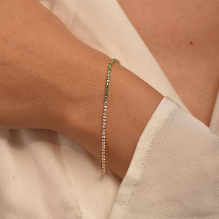 Natural Emerald & Lab Grown Diamond 50-50 Custom Tennis Bracelet in 14K/18K Gold for wholesale by Evara Jewelry