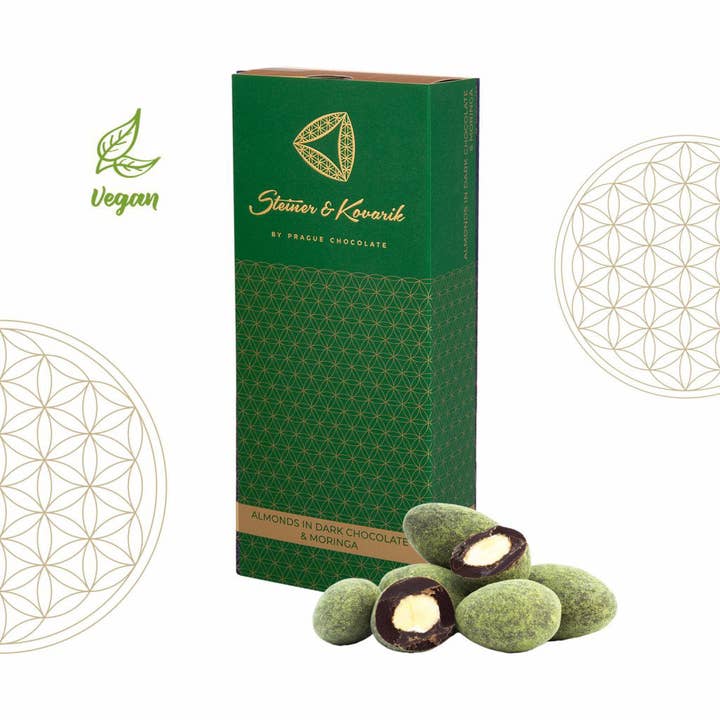 Almonds in Dark Chocolate with Moringa, 130 g dragees for wholesale by Prague Chocolate