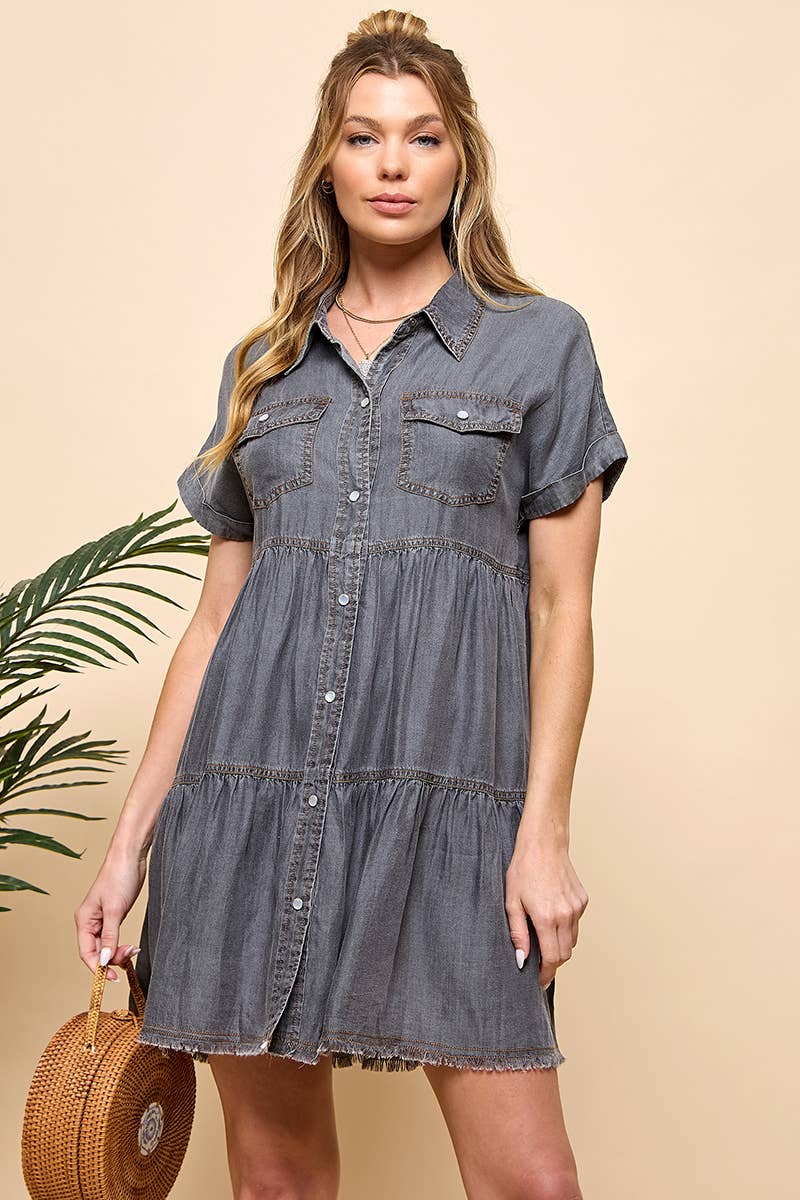 TIERED BUTTON DOWN DENIM DRESS for wholesale on Faire6