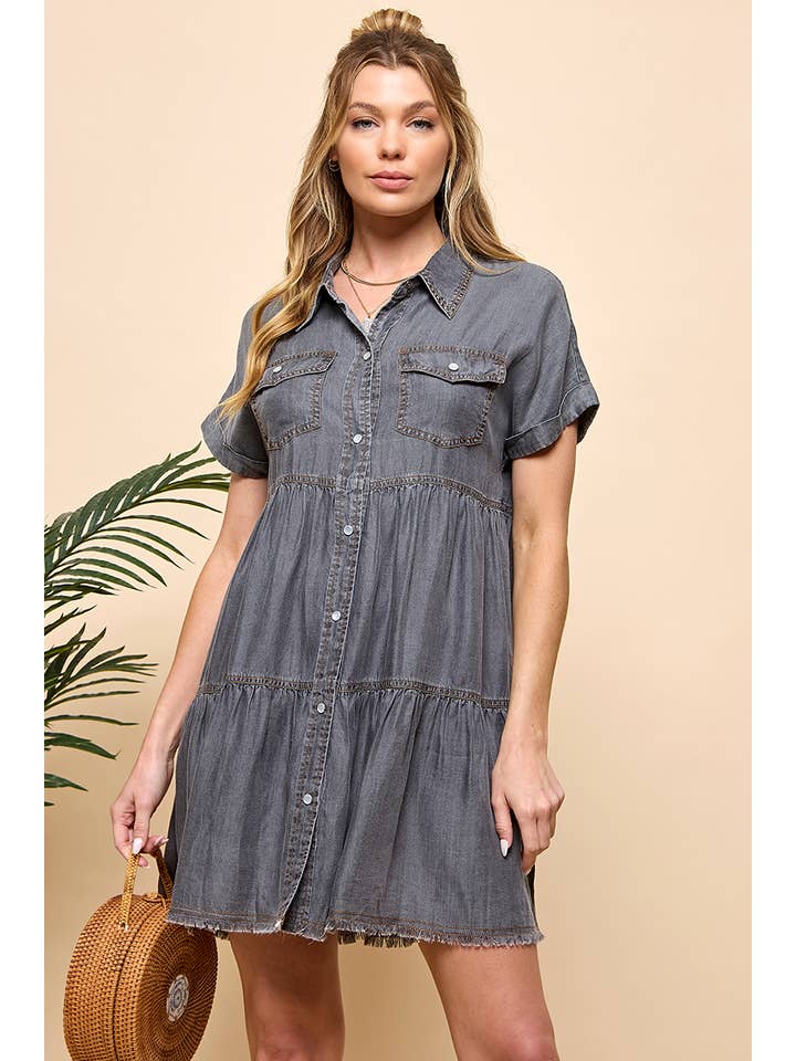 TIERED BUTTON DOWN DENIM DRESS for wholesale on Faire6