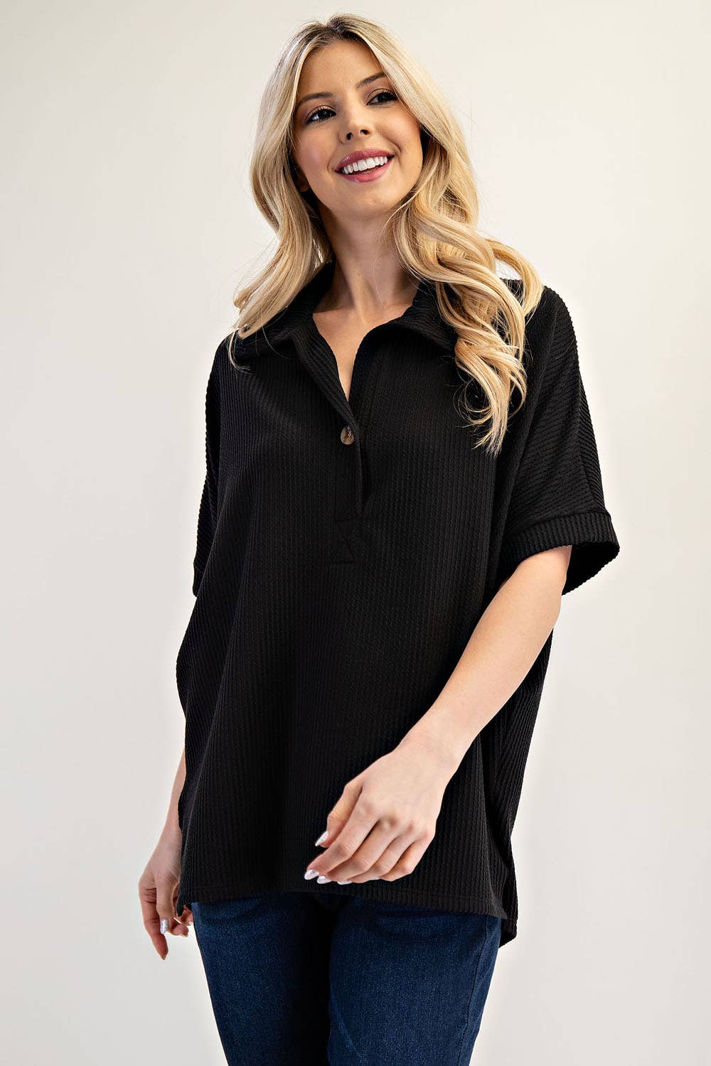 Celeste Clothing - Wholesale Knit Top - Women's - PLUS SIZE RIB KNIT COLLARED TOP WITH SHORT SLEEVES -CT2391335