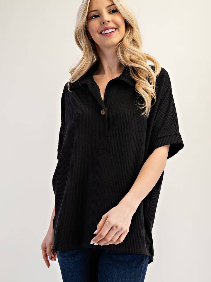 Celeste Clothing - Vendita all'ingrosso Top in maglia - Donna - TOP A COSTE TAGLIA FORTE CON COLLETTO E MANICHE CORTE - CT2391335