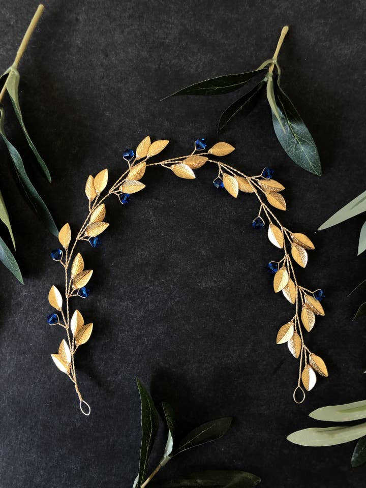 Something Blue Bridal Hair Wreath | GOLD & BLUE Feather Bridal Hair Vine, Festival Braid Vine for wholesale by Sweet Olive Hairpieces