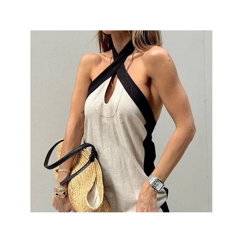 Sheer Trend - Wholesale Dress - Women's - Backless Halter Neck Color Block Maxi Dress1