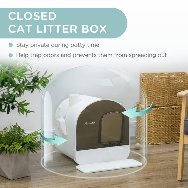 39F Inc. - Wholesale Pet Bowl - Cat/Dog - PawHut Covered Cat Litter Box - White, Tray/Scoop/Filter4