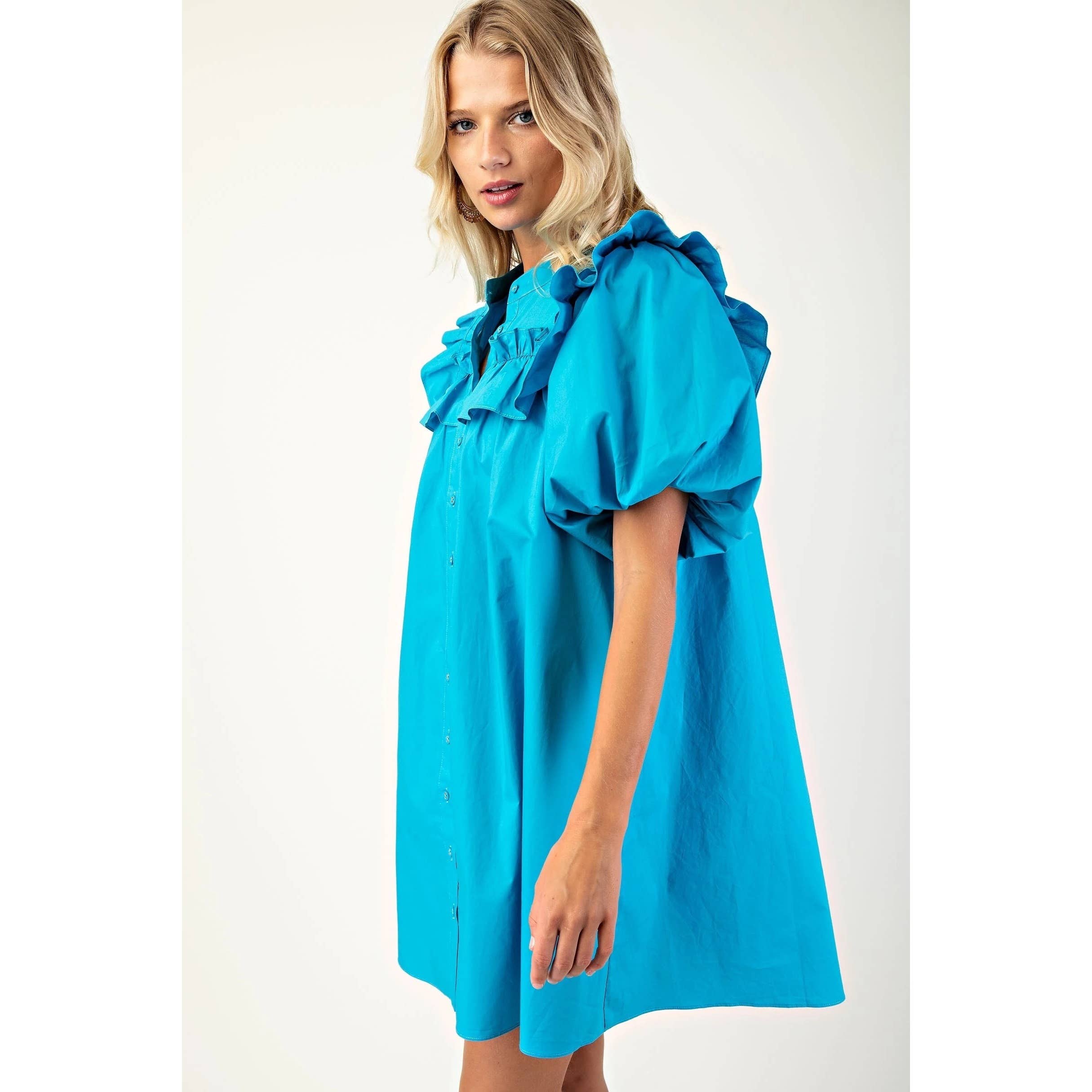 BNS - Wholesale Dress - Women's - Puff Sleeve Mini Dress w_Mandarin Collar n Ruffle8