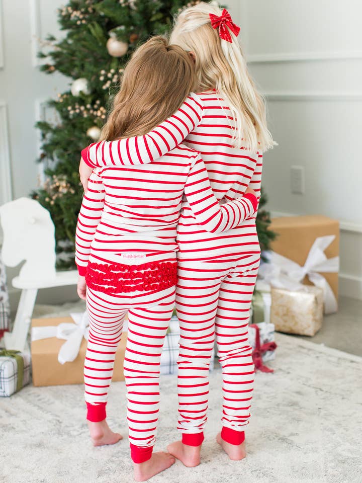 SoftSnooze™ Girls Cotton Modal Red & White Stripe Ruffle Long Sleeve Pajama Set
for wholesale by RuffleButts + RuggedButts