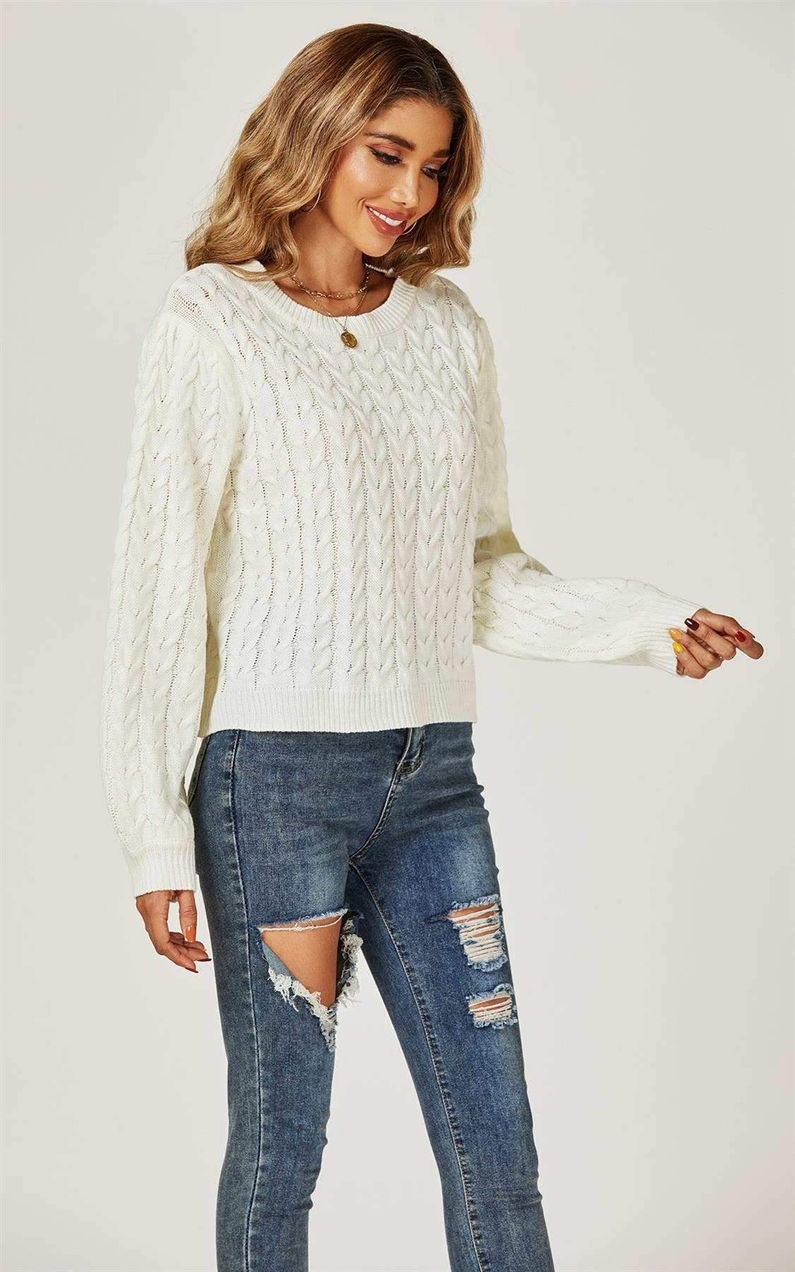 FS Collection (Germany) – Großhandel Strickpullover – Damen – Grobes Oberteil mit offener Krawatte, cremefarben2