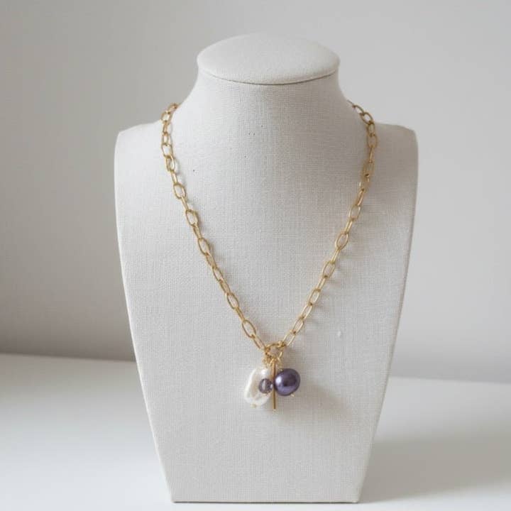 OE! - Wholesale Pendant/Charm Necklace - Lunara - Necklace Chain Link Stainless Steel 18K Gold Plated - Charm with Purple Majorca Pearl Baroque Pearl and Crystal2