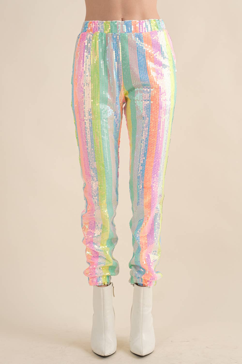 34007P - Rainbow Sequin Mid Rise Elastic Waist Jogger Pants for wholesale on Faire