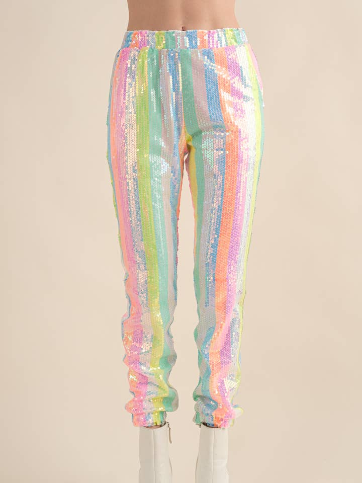 34007P - Rainbow Sequin Mid Rise Elastic Waist Jogger Pants for wholesale on Faire