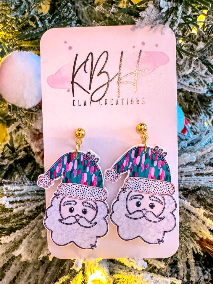 Blue/Pink Santa Dangle Clay Earrings for wholesale by KBH CREATIONS