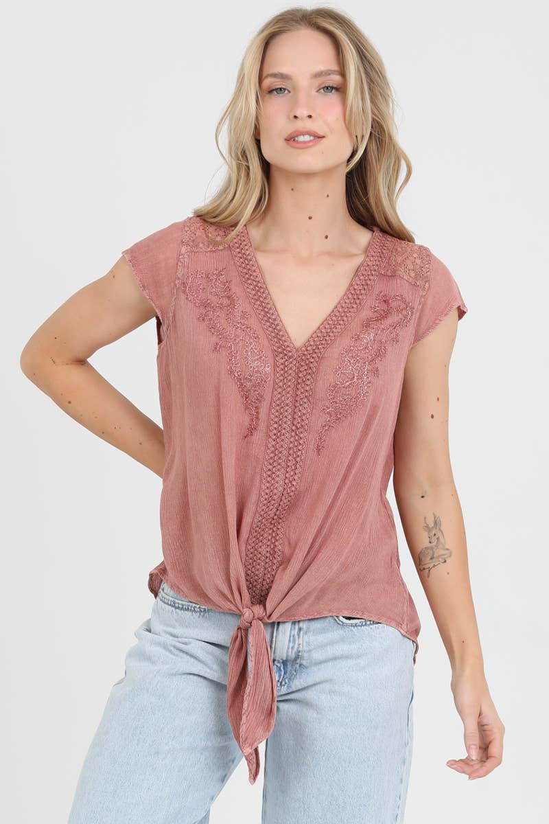 Nostalgia - Wholesale Blouse - Women's - N2U60-ASIS V NECK TIE WAIST TOP WTIH EMBROIDERY AND LACE17