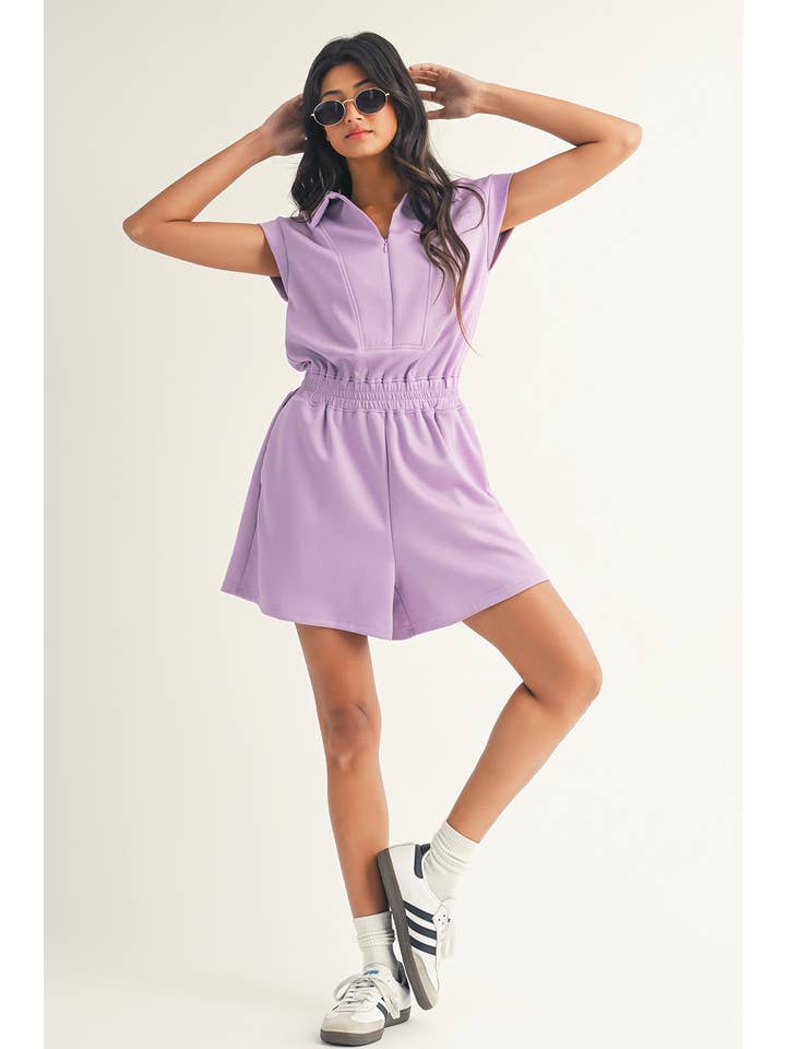 Orchid Bouquet LDC Zipper Collared Elastic High Waist Romper for wholesale on Faire