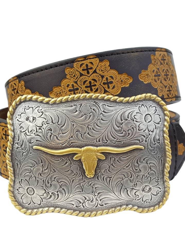 Western Long Horn Buckle with embossed belt for wholesale by Axesoria West
