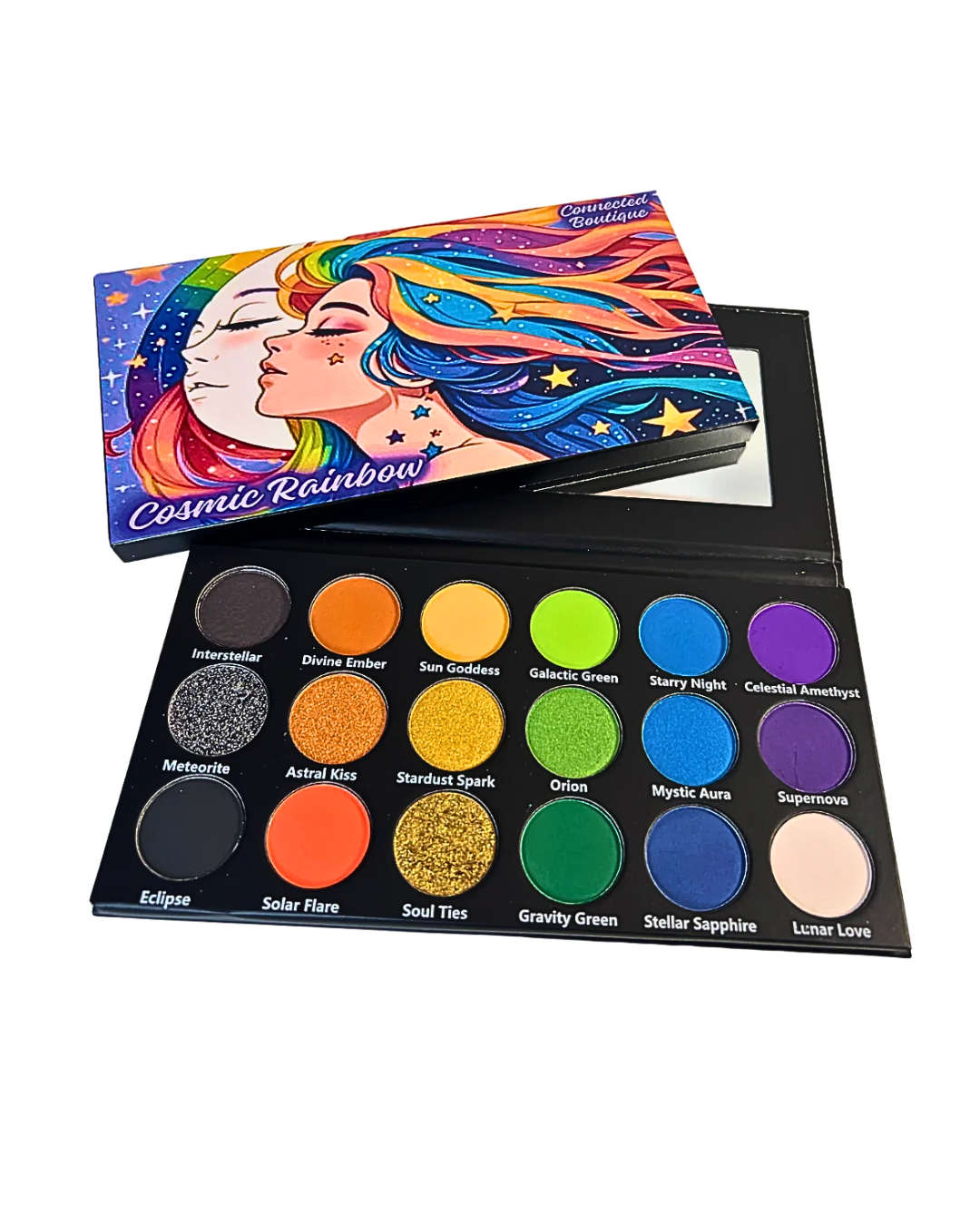 Connected Boutique - Wholesale Eyeshadow Palette - Cosmic Rainbow 18‑Shade Eyeshadow Palette – Celestial Hues & Glitter2