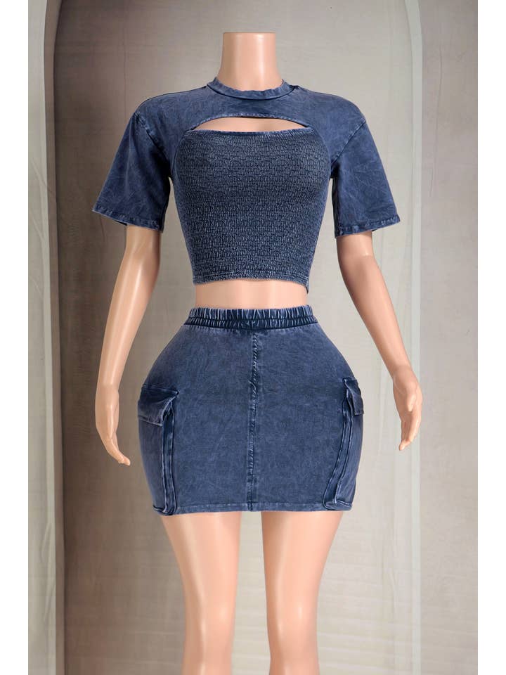 Dalia Studio - Wholesale Top & Skirt Set - Women's - MINERAL WASH CUT-OUT JERSEY TOP & CARGO MINI SET