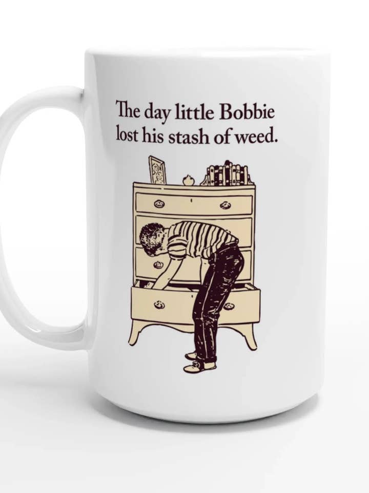 "The Day Little Bobbie Lost His Stash of Weed" White 15oz Ceramic Mug for wholesale by Amp'd Apparel Company