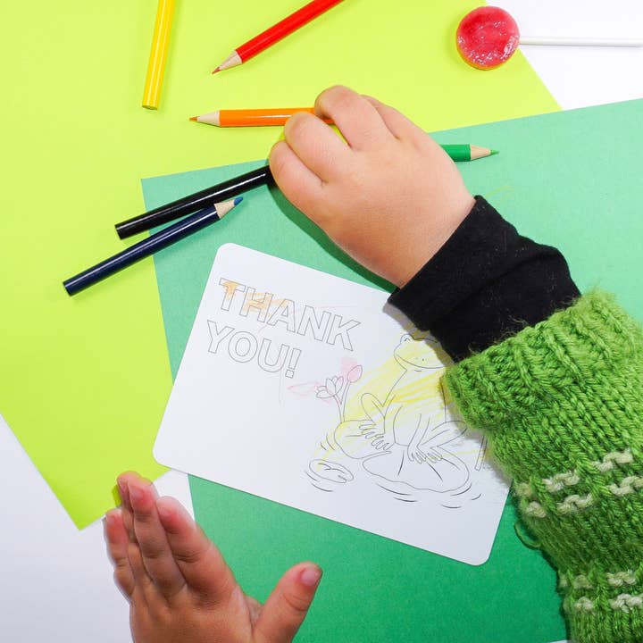 Cartes à colorier Thank You 8 pour enfants avec crayons de couleur pour la vente par Pneu Paper // Lovely Why Isle