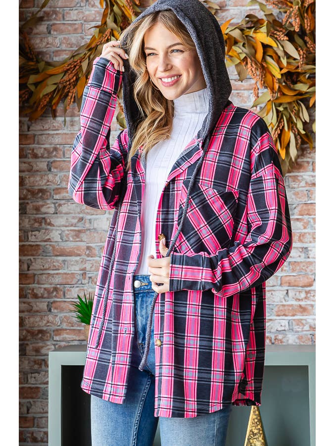 7th Ray - Wholesale Hoodie - Women's - Plaid Front Pocket Drawstring Hooded Flannel T5314